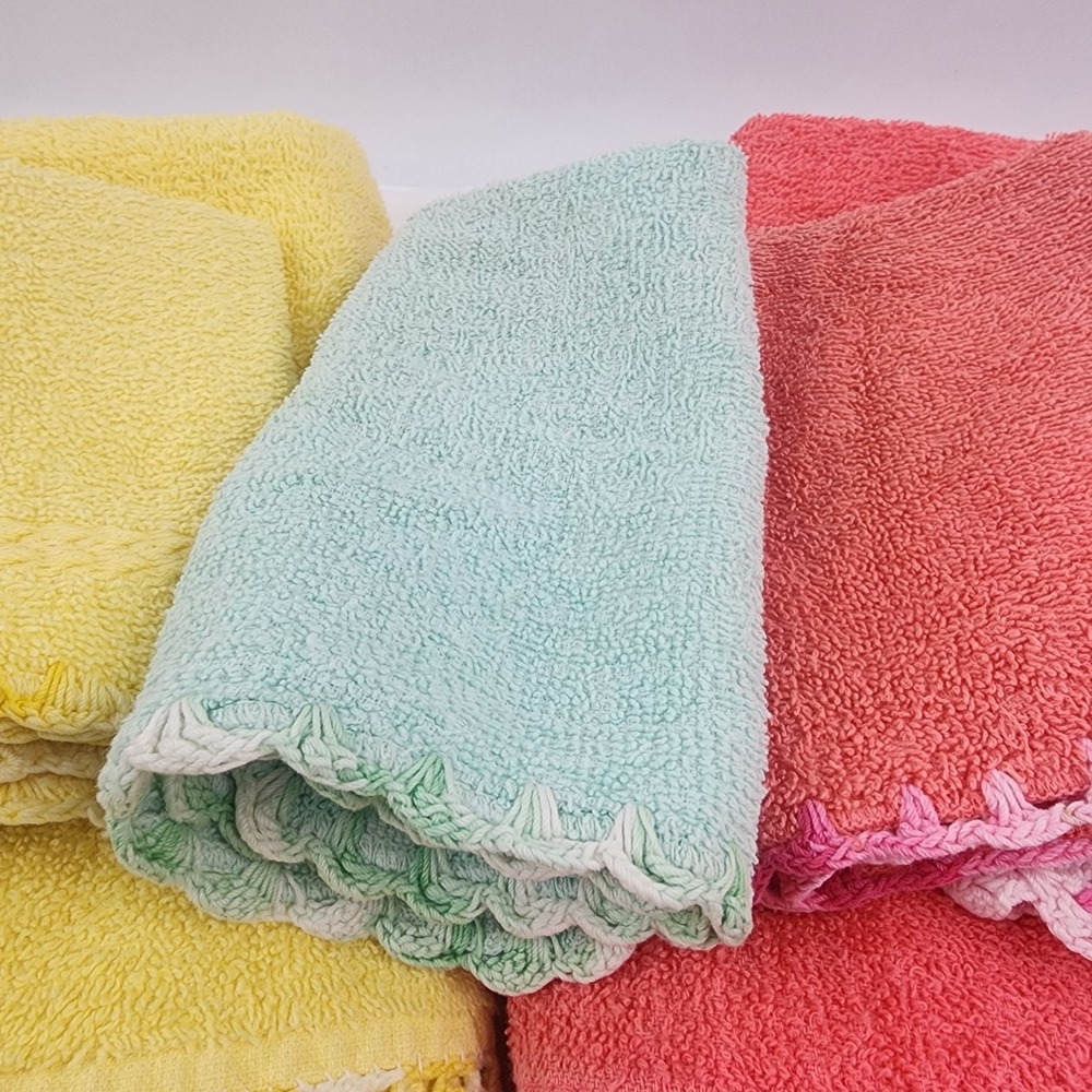 Vtg. Cannon Pink/ Coral Yellow‎ Towels Washcloths Crochet Edge Made USA 3 Extra - Picture 6 of 16